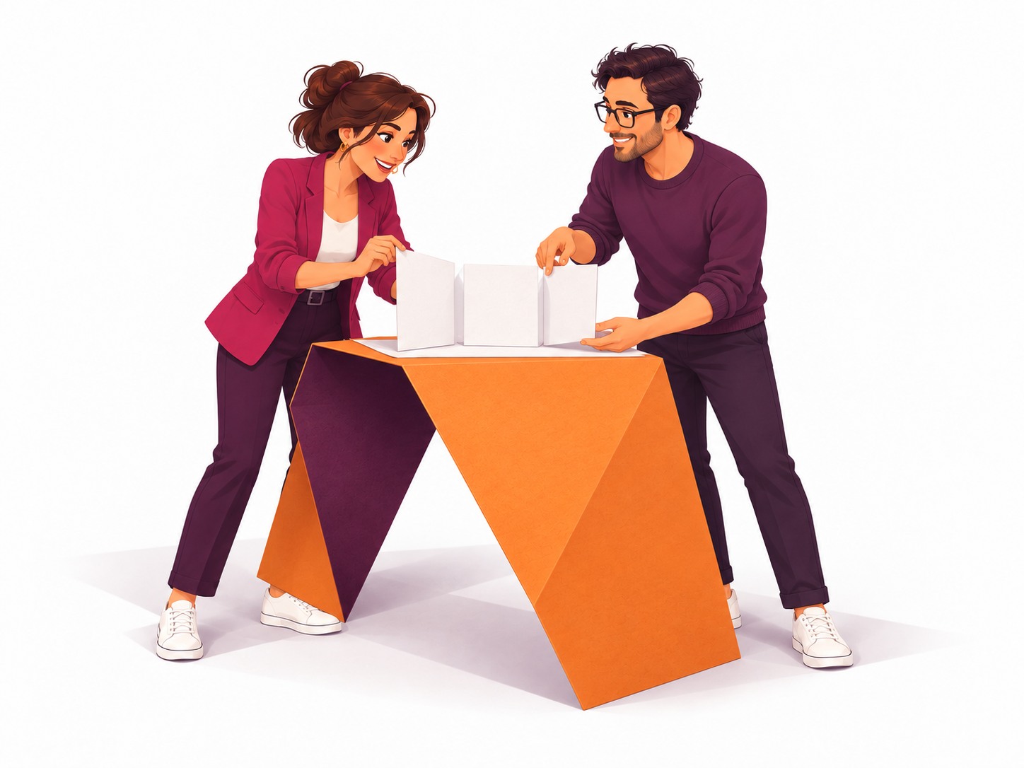 Illustration : le duo Microindigo examine ensemble un prototype en papier plié.