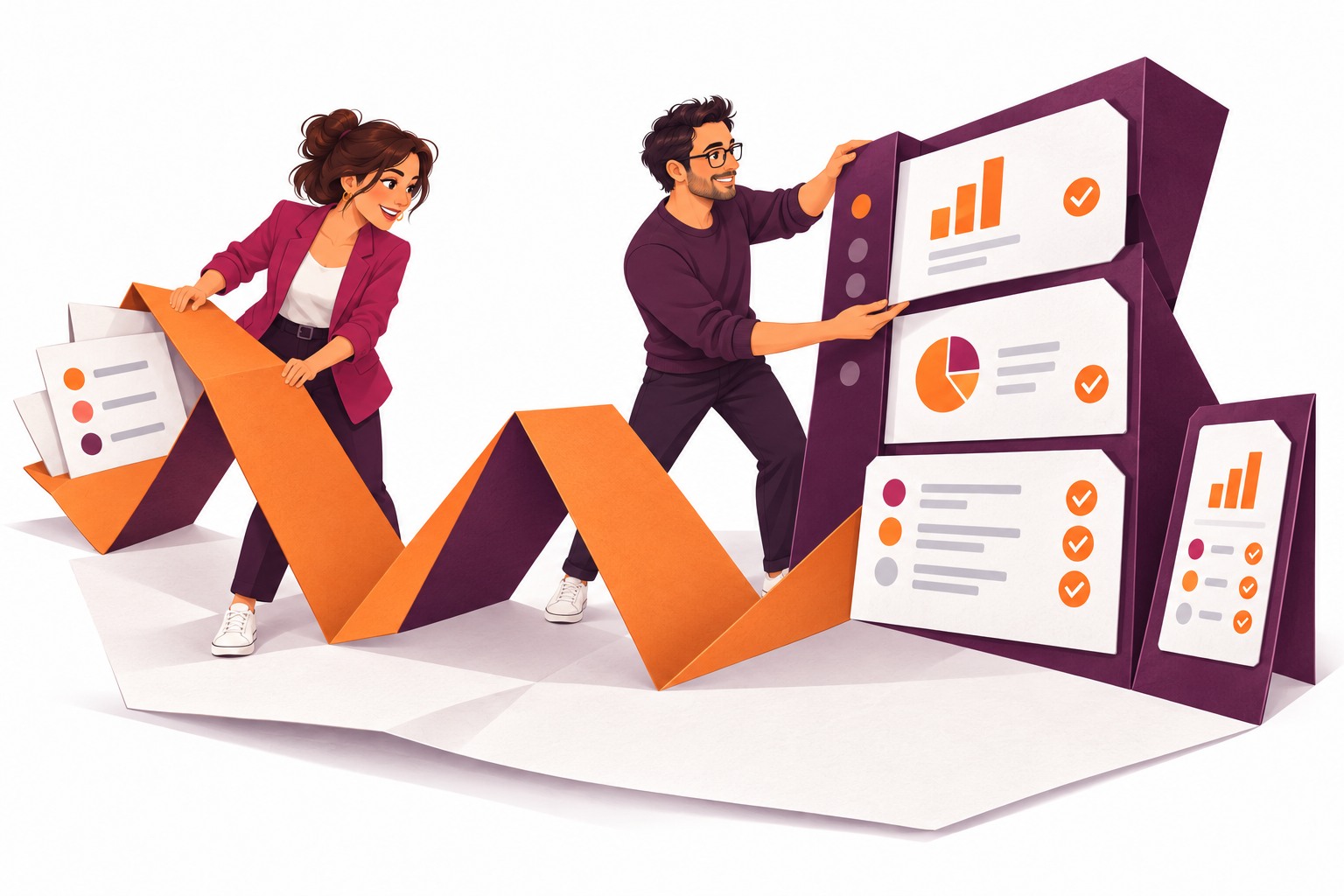 Illustration : deux personnages déplient un ruban orange et prune pour construire une application métier.